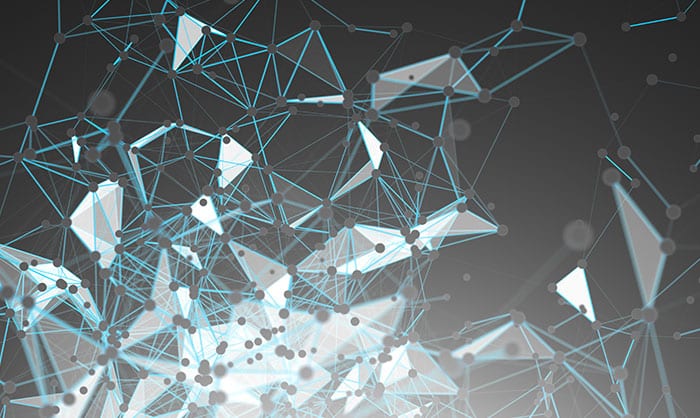 Abstract digital network graphic showing interconnected points and lines in blue and white colors on a gray background, depicting a complex, futuristic mesh.