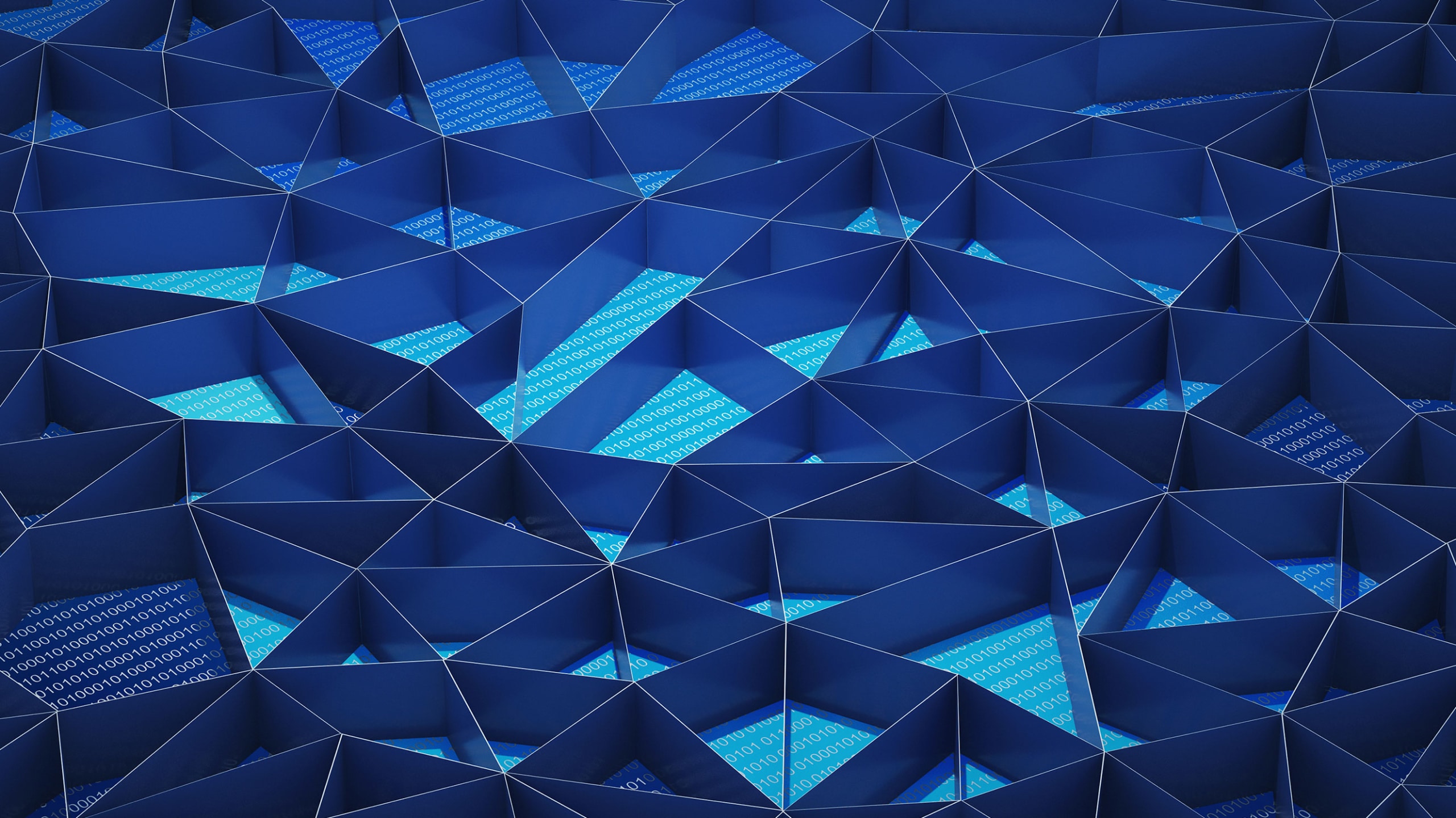 Abstract geometric background featuring a multitude of blue triangular facets, some with digital binary code patterns, creating a vibrant, textured 3d appearance.