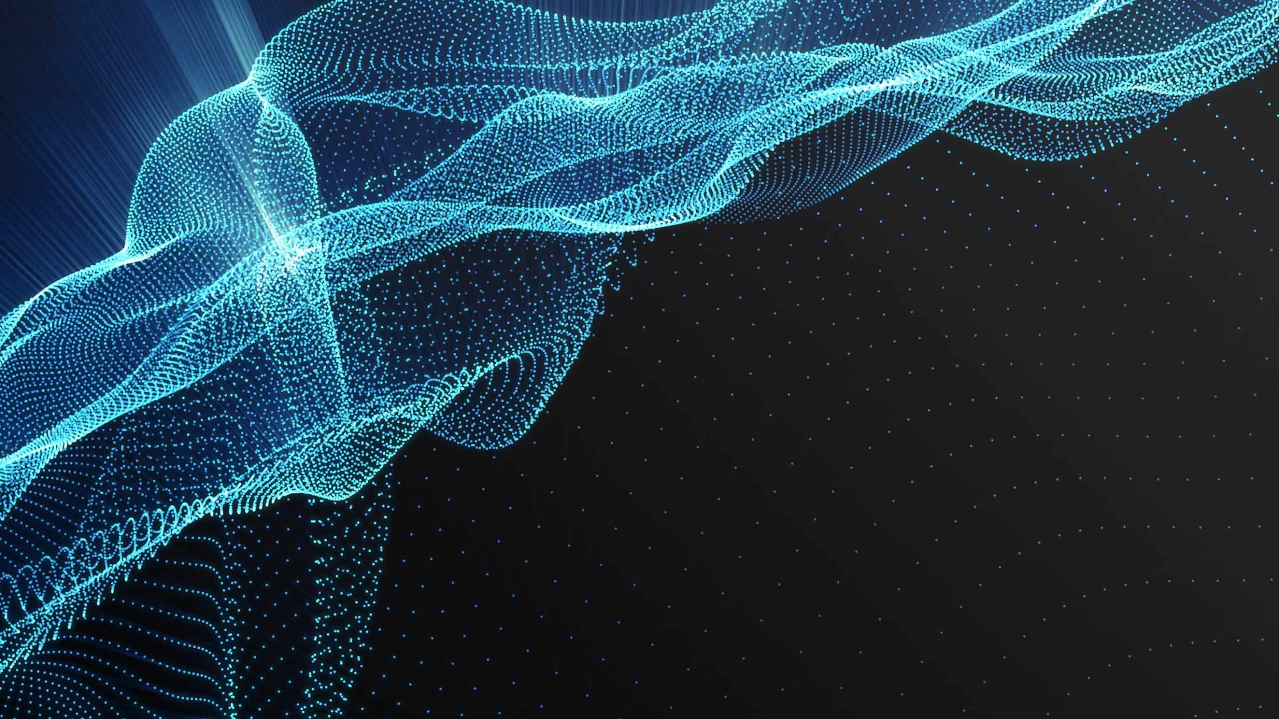 Abstract digital image showing a dynamic wave composed of blue particles and lights against a dark background, creating a futuristic, flowing network design.