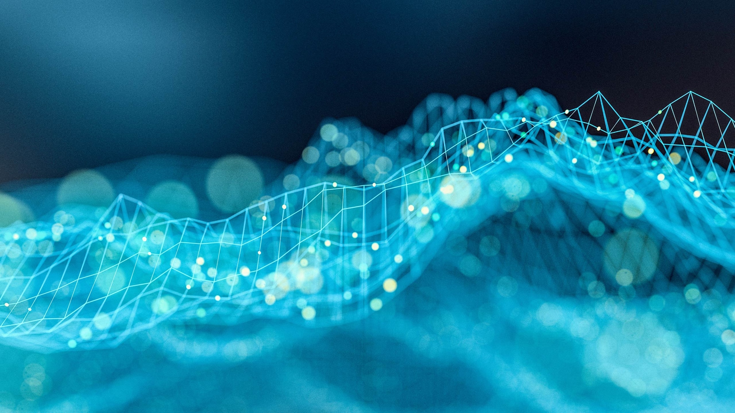 Digital representation of a dynamic mesh network with interconnected blue and white dots and lines on a dark background, creating a wavy, 3d topographical landscape.