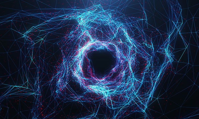 A digital illustration of a complex network forming a swirling vortex, highlighted by bright blue and pink lines against a dark background with interconnected nodes.