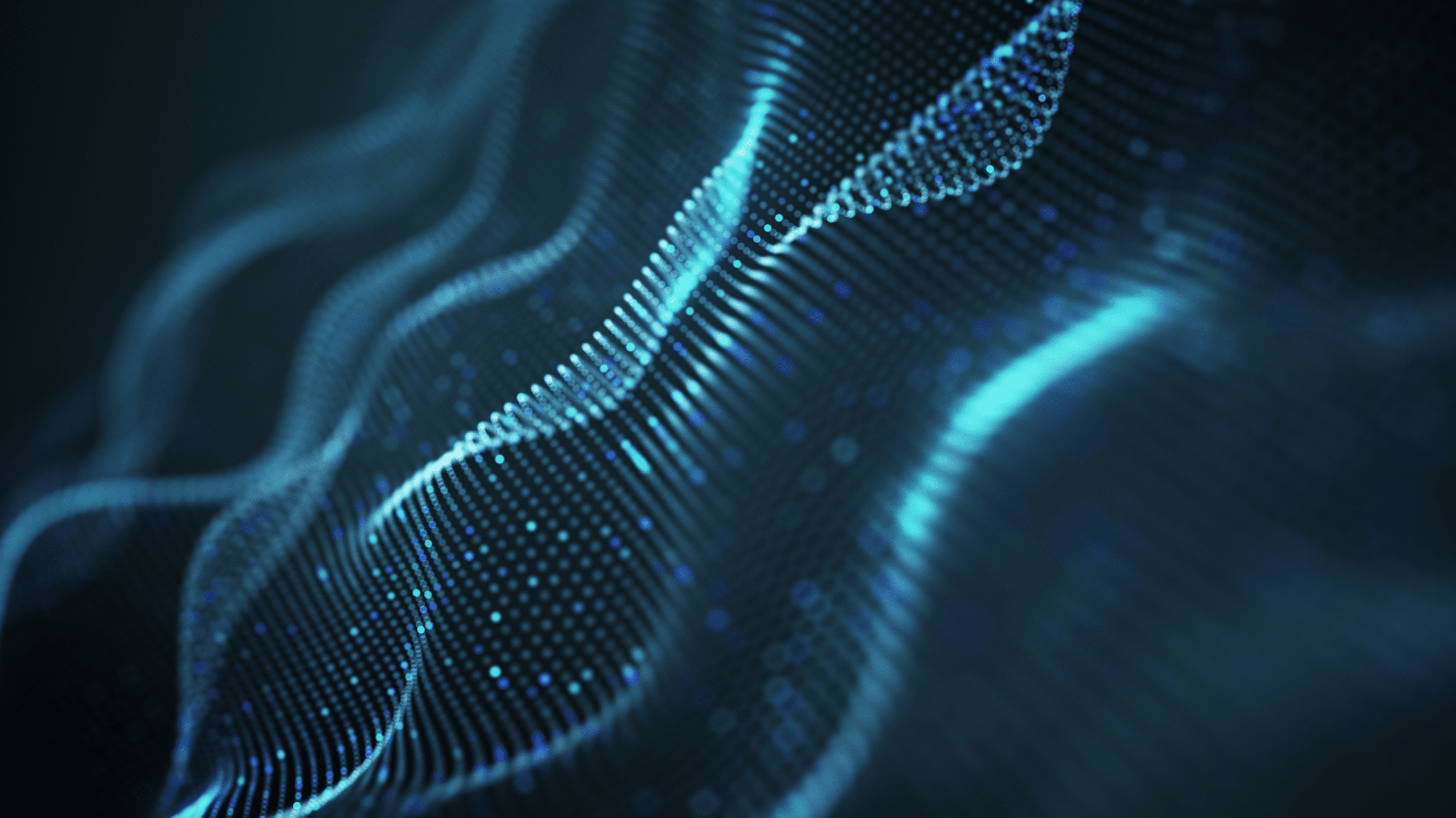 Abstract image of flowing blue wavy lines formed by connected glowing dots, illustrating the economic benefits of DomainTools Internet Intelligence in a dynamic digital network or data flow on a dark background.