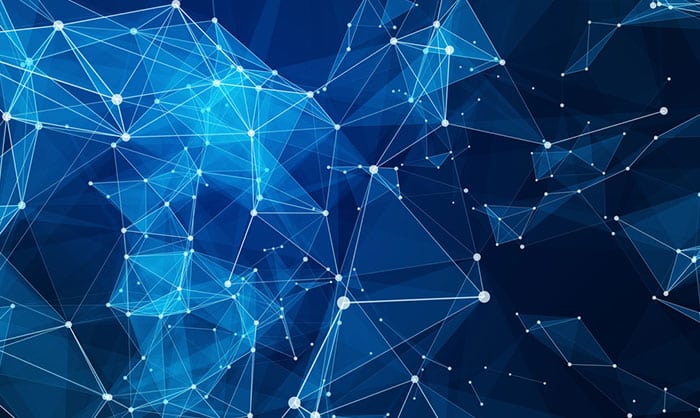 An abstract digital image portraying a network of connected lines and dots on a dark blue background, representing concepts of connectivity, technology, or thwarting state-sponsored threats.