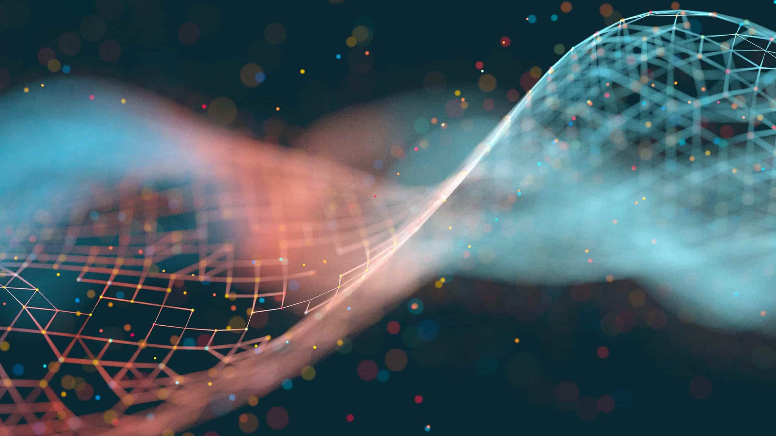 Abstract digital background with flowing lines and mesh patterns in a gradient of colors, highlighted by small, glowing particles creating a futuristic effect.