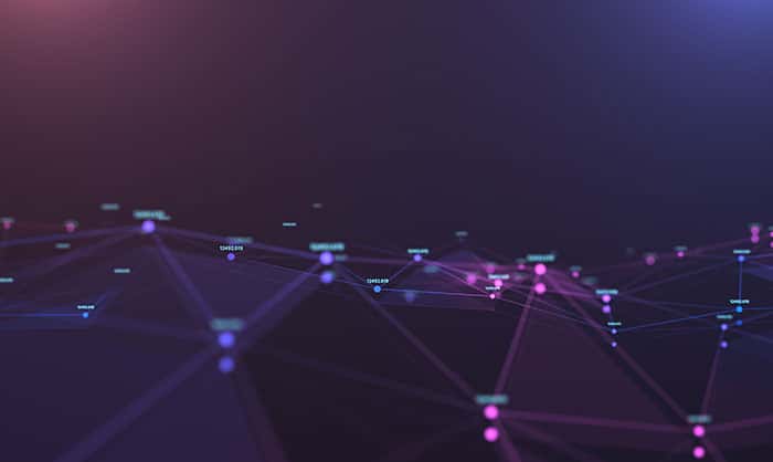Abstract network graphic with interconnected nodes and lines on a dark background, featuring glowing pink and blue dots and links suggesting digital connectivity in the context of financial advisor impersonation.