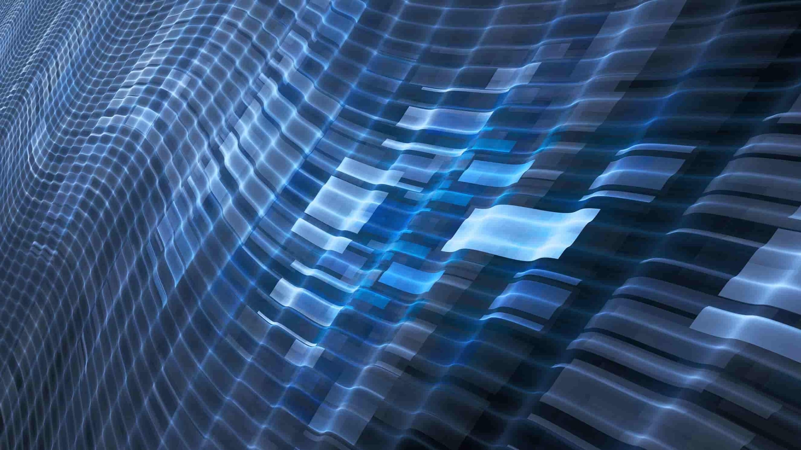 Abstract digital art of a flowing blue and black grid pattern, creating a dynamic and wavy visual texture.