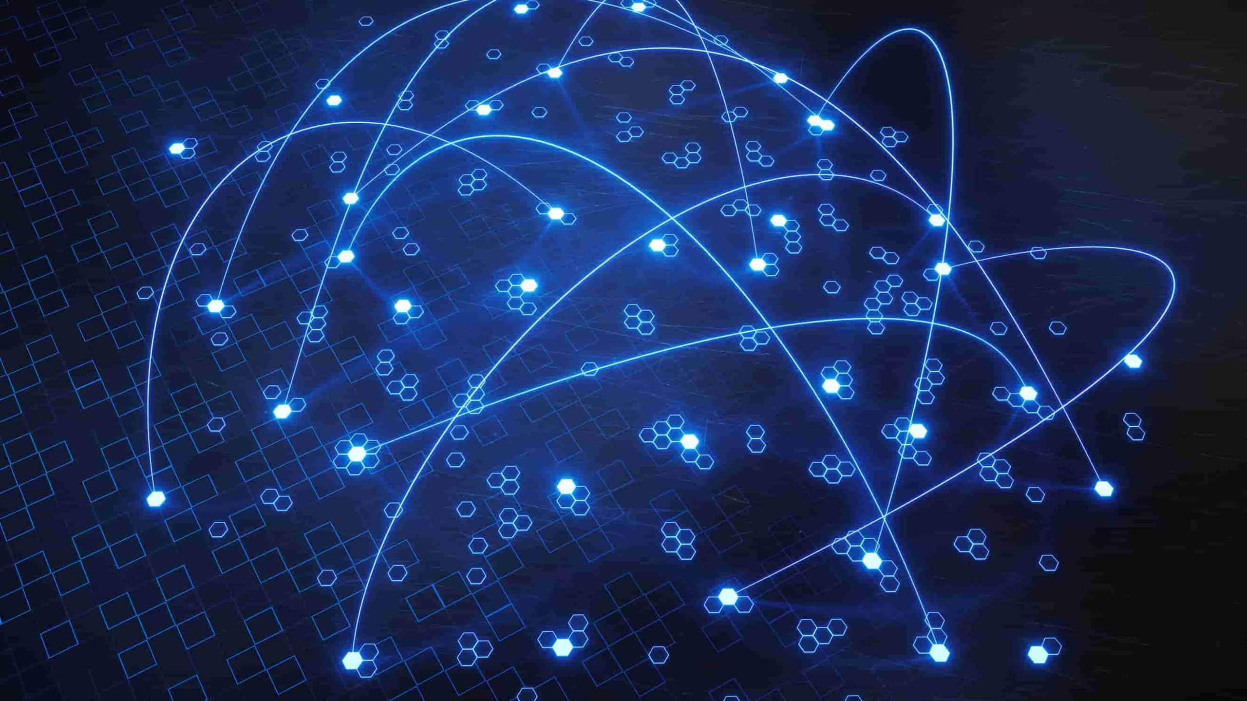 A digital illustration of a network with interconnected nodes and lines on a dark background with a grid, symbolizing technology and data connectivity.