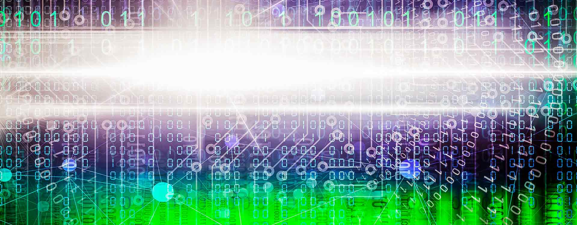 Abstract digital background with a bright white light in the center, overlaid with purple to green gradient numbers representing binary code, suggesting high-tech or cyber data concepts.