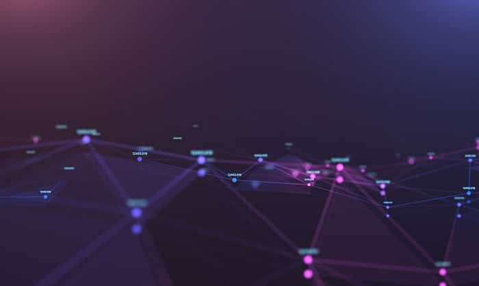 Abstract digital DNS network connections with nodes and lines in purple and blue hues on a dark background, symbolizing concepts of technology and data communication in healthcare.