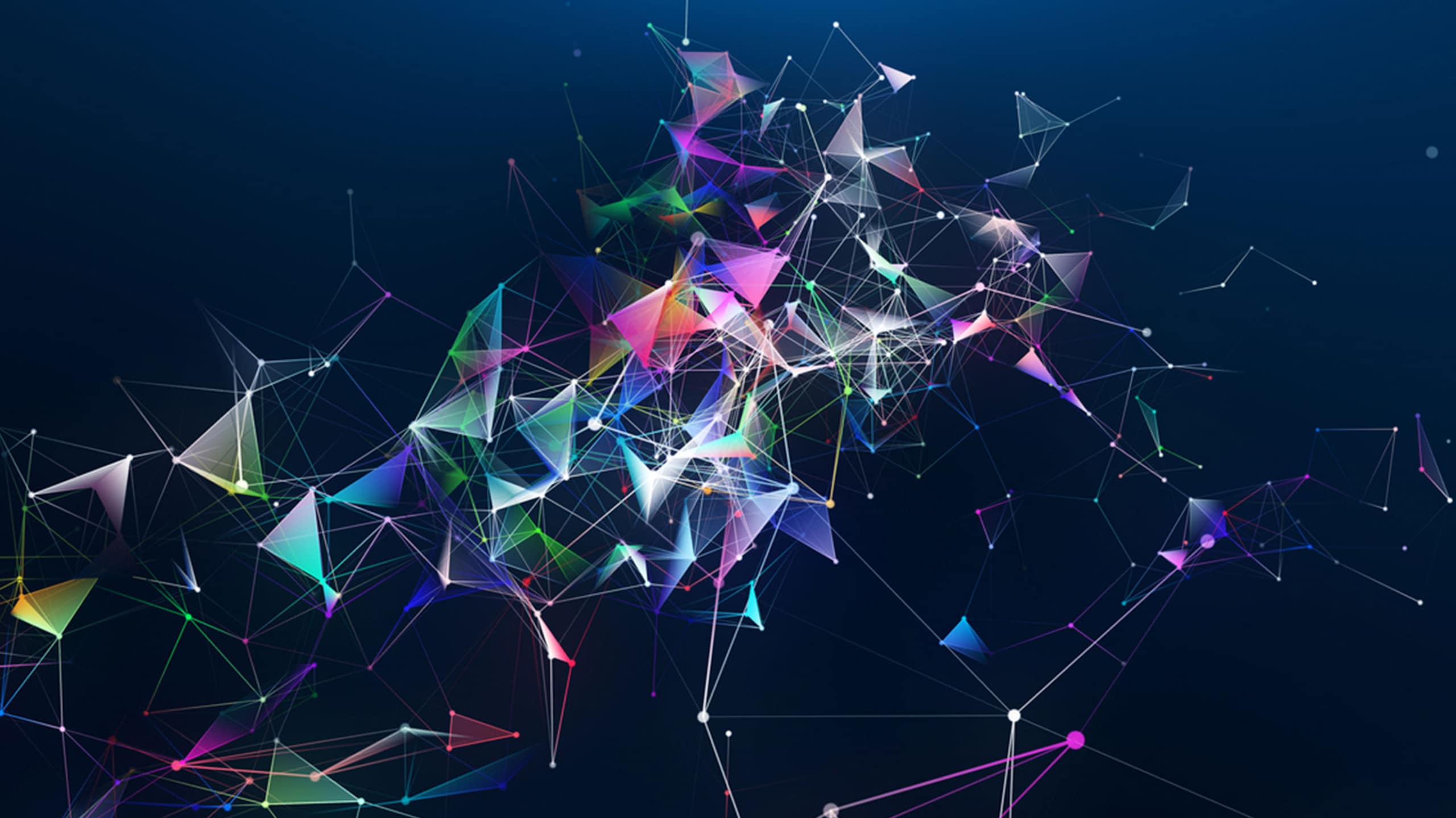 A dynamic digital artwork featuring an abstract network of interconnected lines and polygons in vibrant colors, floating against a dark blue background.