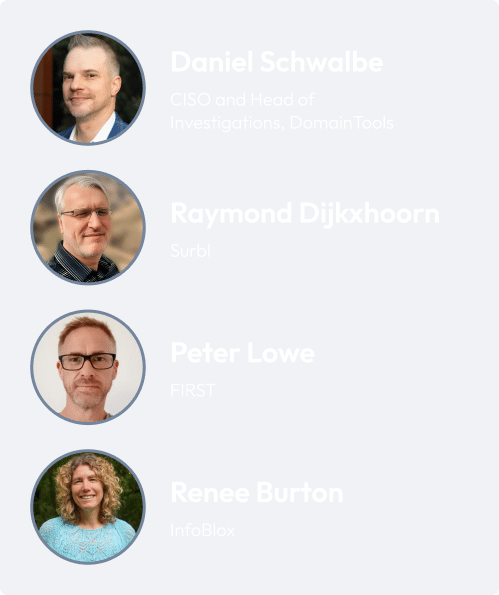 Four headshots with names and titles on a gray background: Daniel Schwalbe (DomainTools), Raymond Dijkxhoorn (SurbI), Peter Lowe (FIRST), and Renee Burton (InfoBlox) discuss Decoding Domain Data and 2024 Domain Intelligence Trends.
