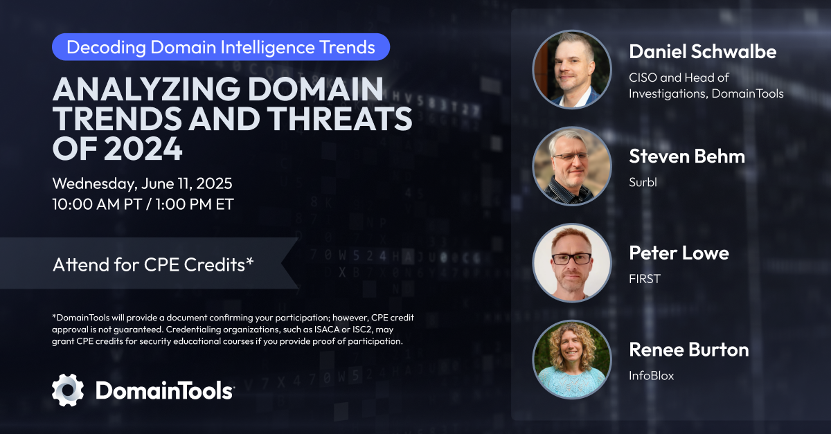 Webinar promo titled "Analyzing Domain Trends and Threats of 2024" with event details, speaker photos and names (Daniel Schwalbe, Steven Behm, Peter Lowe, Renee Burton), and DomainTools branding on a blue background.
