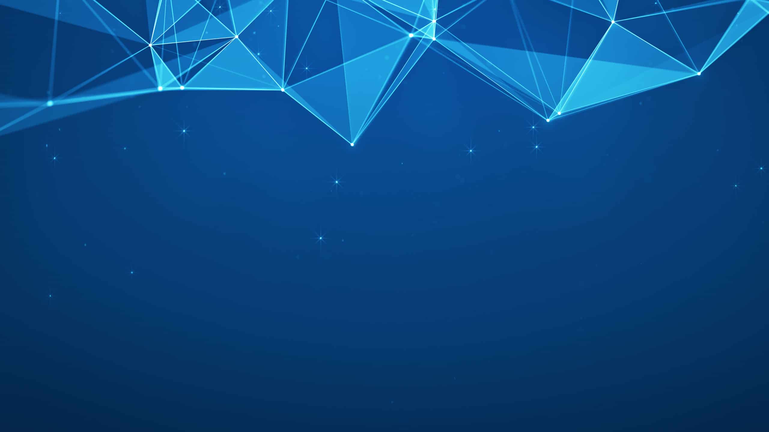 A digital blue background featuring a network of interconnected geometric shapes, creating a mesh of triangles with a slightly glowing effect. Small stars are scattered throughout, enhancing the futuristic feel of what's in a domain name