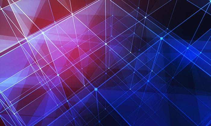 Abstract image featuring a network of interconnected white lines on a gradient background of blue, purple, and red hues, creating a geometric pattern with Iris Investigate and Enrich.
